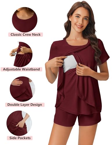 Image of Ekouaer 3 PCS Maternity Nursing Pajamas Set Postpartum Breastfeeding Short Sleeve Shirts, Pregnancy Shorts & Pants Pjs S-XXL