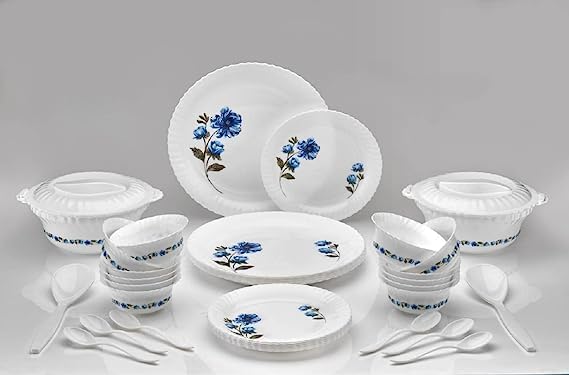 Image of Dinner Set of 32 psc Exclusive Plastic Printed Round Dinner Set. 6 Big PLATS, 6 Small PLATS, 12 Small Bowl,3 Big Spoon, 2 Big Bowl with 2 LID 1 Big Plate .(Pink Color) (36)