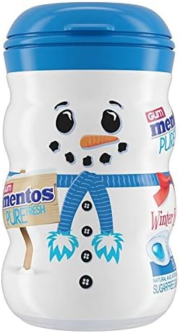 Perfetti van Melle (1) Bottle Mentos Pure Fresh Chewing Gum - Fresh Mint with Green Tea Extract - Snowman Winter Edition Dispenser - Holiday/Christmas Sugar Free Candy - 50 pieces per Bottle