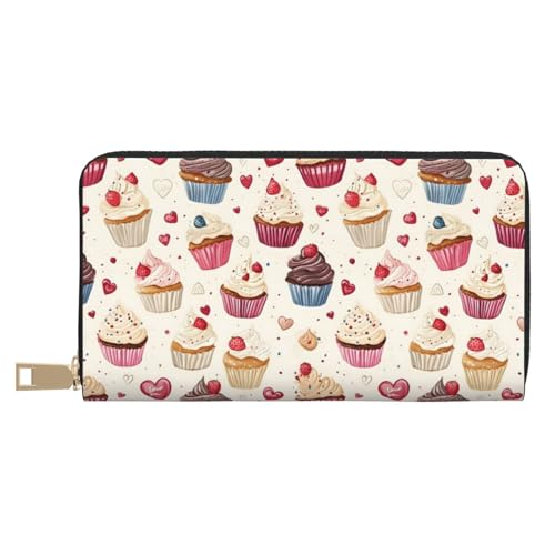 Leather Thin Slim Wallets for Women & Men - Strawberry Cake Heart Print Card Wallet Holder with Zipper