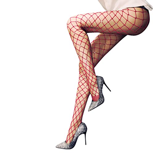 Fheaven Fishnet Stockings with Rhinestones Fishnet Stockings Fishnet Rhinestone Stockings Sparkle Rhinestone Fishnet Stockings (Red, One Size)