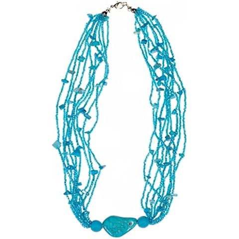 BlueRica Stone Pendant on 8 Strand Seed Bead with Stone Chip Beads Necklace, Natural Fiber, No Gemstone Cover