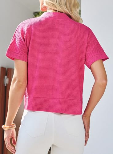 Image of Dokotoo Womens Summer Tops 2026 Waffle Knit Button Down Shirts | Trendy,V Neck,Loose Fit,Jacket,Short Sleeve,Summer Cardigan,Cropped,Shacket,Going Out Outfits,Dressy
