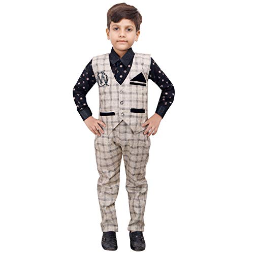 Image of ahhaaaa Boy's Cotton Waistcoat, Shirt And Trouser Set
