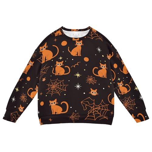 JUNZAN Halloween Cats Orange Black Spiders Web Big Boys Sweatshirts Hoodies Crewneck Sweatshirt With Hoodie Camping 4T