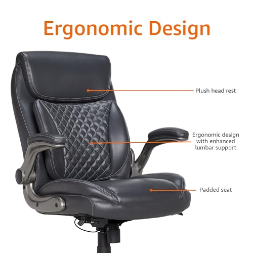 Image of Amazon Basics Ergonomic Executive Office Chair with Adjustable Lumbar Support, Flip-up Arms, Height Adjustable, 360 Rolling Swivel, Computer Desk Chair, Grey Leather