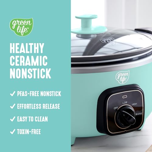 Image of GreenLife 3.5QT Slow Cooker, PFAS-Free Non-Toxic Ceramic Nonstick Removable Interior Bowl, Programmable, Keep Warm, Stovetop & Oven Safe, Dishwasher Safe Crock, Glass Lid, Turquoise