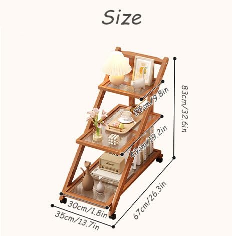 Carrito de Almacenamiento de Madera Multicapa con encimera de ratán y diseño Plegable, Escalera móvil, Carrito de café, Carrito para Sala de Estar, Dormitorio, Cocina, marrón, 3 Capas