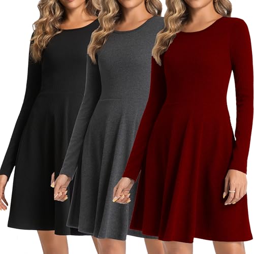 3 Pack Long Sleeve Dresses for Women Crew Neck A-Line Midi Casual Elegant Going Out Dresses Fall Fashion Clothes 2025