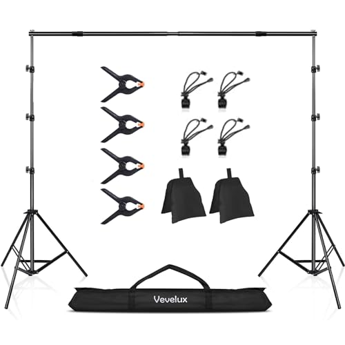 Vevelux Soporte para Fondos, 2 x 3 M Ajustable Portafondos Fotografía con 8 Pinzas de Fondo, 2 Bolsas de Arena y 1 Bolsa de Transporte para Estudio Fotográfico, Videos, Retratos y Fiestas