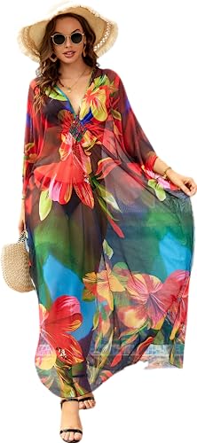 kafta Dresses Floral Swimsuit Cover up Caftan Women's Elastic mesh Sheer Turkish Caftan Silk Wrinkle Ethnic Print Kaftans Floral Print Over Sized Caftans Lounge wear 8749-0