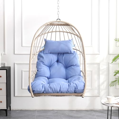 KEIKI Swing Egg Chair Without Stand, Foldable Patio Rattan Wicker Hammock Egg Chair with Cushion, Outdoor Indoor Hanging Basket Chair, 270LBS Capacity for Porch, Garden, Bedroom, Balcony, Blue KEIKI Swing Egg Chair Without Stand, Foldable Patio Rattan Wicker Hammock Egg Chair with Cushion, Outdoor Indoor Hanging Basket Chair, 270LBS Capacity for Porch, Garden, Bedroom, Balcony, Blue