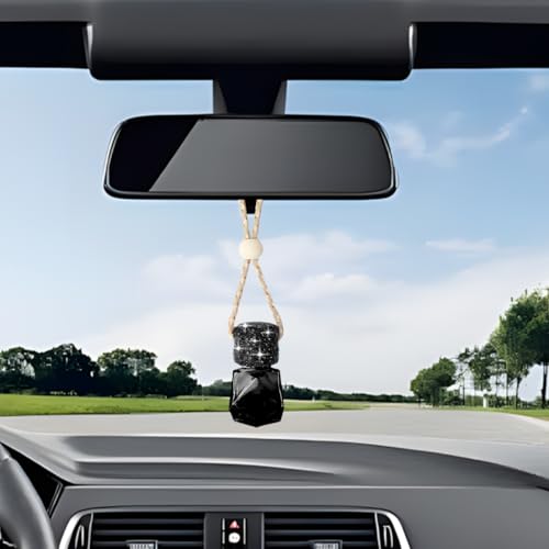 Image of Bling Car Hanging Bottle, 2PCS Crystal Rhinestone Empty Clear Vehicle Essential Diffuser Glass Pendant with Wooden String, Diamond Auto Interior Oil Vase Decor, Universal Fit (Black)
