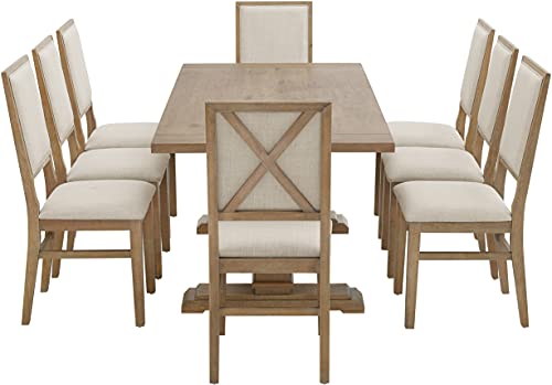 Crosley Furniture Joanna 9-Piece Dining Set With Table And 8 Upholstered Back Chairs, Rustic Brown/Crème #TOP2