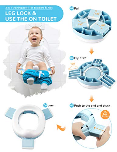 Potty Training Seat for Toddler Kids, 3-1 Portable Collapsible Toilet Seat with Storage Bag, Anti-Slip Design and Splash Guard, Potty Chair for Travel Home Car Camping Use (Blue)