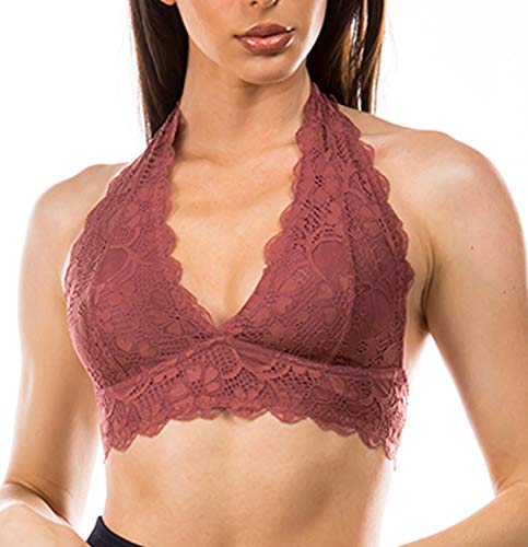 Halter V Neck Lace Wireless Bra Top Sheer Bustier Bralette(Dark, Rose, S) #TOP2