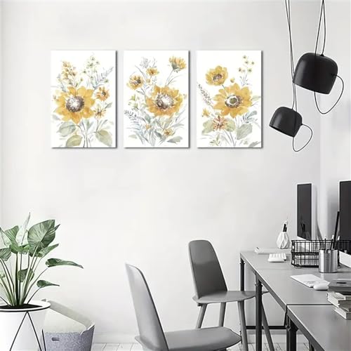 Affiches botaniques jaune motif floral triptyque 60x70cm