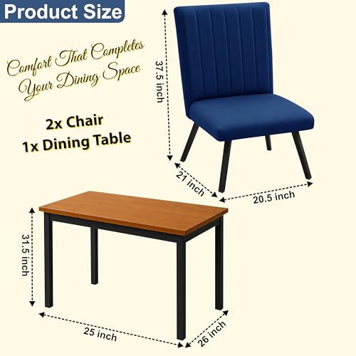 Image of Rosebell Set of 2 Dining Table Chairs with Wooden Top Table, Upholstered Cushioned Chairs, Modern Compact Dining Set for Home, Kitchen & Dining Room (Blue)