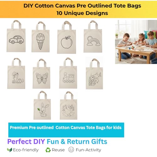 Image of (Pack of 10)- DIY Eco-Friendly Canvas Tote Bags for Kids- Pre-Outlined Designs for Painting | Perfect Return Gift for Kids Birthday Party | Reusable Cotton Bags Design-2