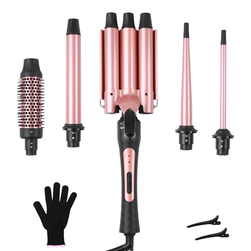 Großcat 5 en 1 Rizador de Pelo Profesional, Plancha de crimpar con cepillo rizador multifunción y 4 rizadores intercambiables con revestimiento cerámico (9-32 mm), para rizos grandes y pequeños