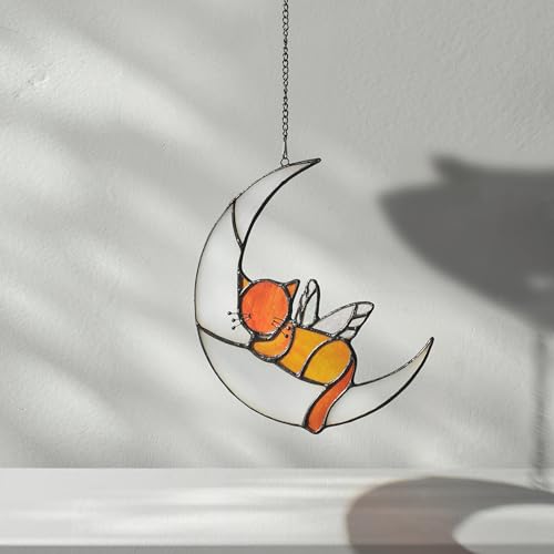 Velasyart Sleeping Cat With Rainbow Wing On Moon Stained Glass Window Hanging, Angel Memorial Gift, Black Grey Orange Suncatcher, Cat Lover Gift (Orange)