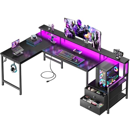 Image of Korfile 57'' L Shaped Gaming Desk with Storage Drawers, Power Outlets, LED