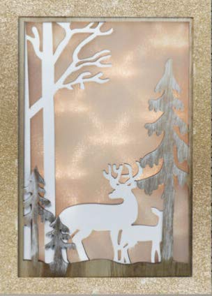 Arte de pared de madera grande con purpurina dorada enmarcada con luces LED de Navidad, bosque nevado con renos, 33 x 22 cm