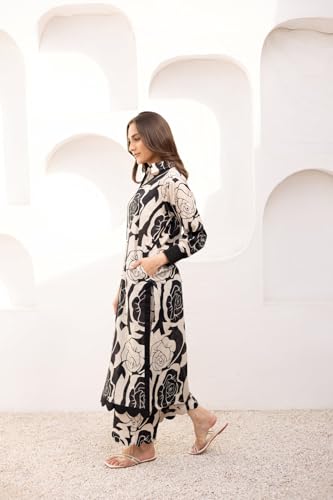 Image of GoSriKi Kurta Set for Women Viscose Blend Printed | Kurti Set for Woman | Straight Kurta Palazzo Set Women | 2 Piece Set Womens | V-Slit Collar Full Sleeve Regular Fit Stylish Ethnic Outfit Clothing