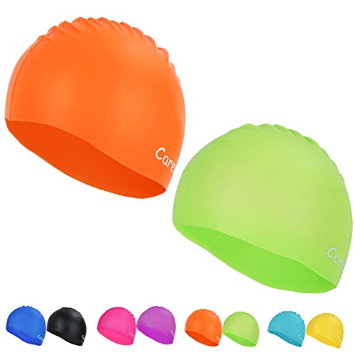 Swim Cap, 2 Pack Durable Silicone Swimming Caps for Kids Girls Boys Youths (Age 2-12), Soft 3D Ergonomic Waterproof Kids Swim Caps, Comfortable Fit for Long Hair and Short Hair