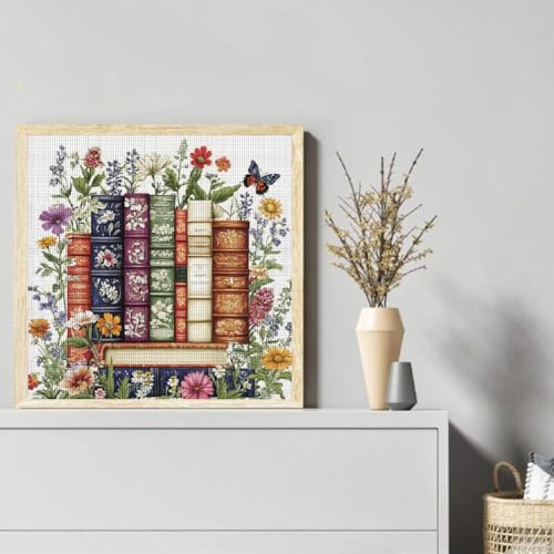 Image of KYOQFVN Flower Stamped Cross Stitch Kits - Book Counted Cross Stitch Kits for Beginners, Needlepoint Cross-Stitch Patterns Dimensions for Home Decor 14x14 Inch