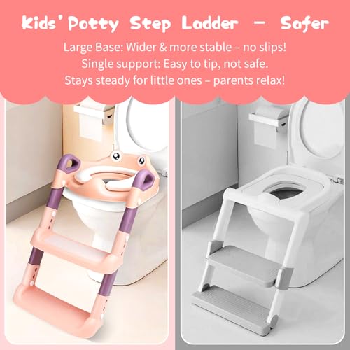Toilettensitz Kinder mit Treppe, Toilettentrainer für Kinder, 2 IN 1 Toilettentrainer mit Treppe für Jungen und Mädchen, WC Sitz mit PU Gepolsterter Höhenverstellbar & Faltbar, Rutschfest (Rosa)