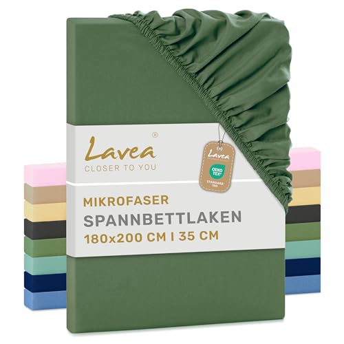 Lavea® Spannbettlaken Mikrofaser – Oeko-Tex Zertifiziert, kühlend & atmungsaktiv, schnelltrocknend, weich, pflegeleicht, Olivgrün, 180x200 cm
