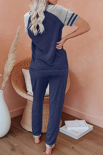 Image of PRETTYGARDEN Women Summer Two Piece Outfits Striped Short Sleeve Pullover and Long Pants Tracksuit Travel Pajama Lounge Set