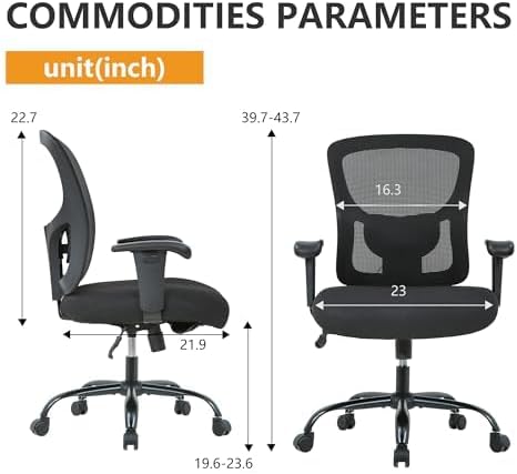 Diagram showing the dimensions of the PayLessHere office chair in inches