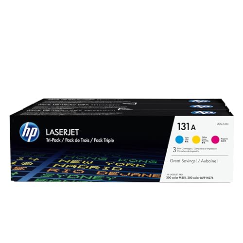 HP 131A U0SL1AM, Cian, Amarillo y Magenta, Cartuchos Tóner Originales, Pack de 3, para impresoras HP LaserJet Pro 200 color MFP M276, MFP M276n, MFP M276nw, M251, M251n y M251nw