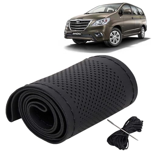 Image of KINGSWAY PU Leatherite Car Steering Cover Sewable Compatible with Toyota Innova (Year 2004-2012), Black Color with Black Thread, Pack of 1 with Sewing Needle and Thread