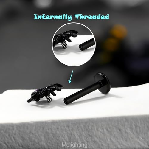 MeIighting 3PCS Black Helix Earrings 16G 8mm Bat Cartilage Earrings Internally Threaded Stainless Steel 316L Halloween Pumpkin Tragus Piercing Spider Flat Back Earring For Women4