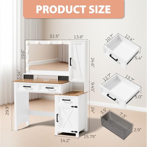 Image of Farmhouse Vanity Desk with 3 Adjustable Light Colors & Power Outlet, White Makeup Vanity Table with Sliding Jewelry Cabinet, Built-in Lipstick Organizer, 3 Drawers & Shelves for the Bedroom