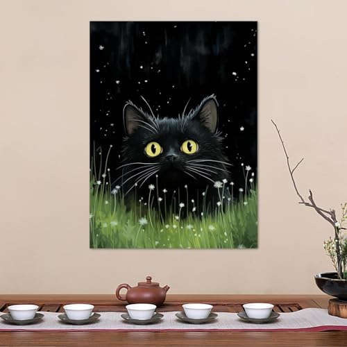 Poster chat noir sur toile haut de gamme avec cadre intérieur 40x60 cm