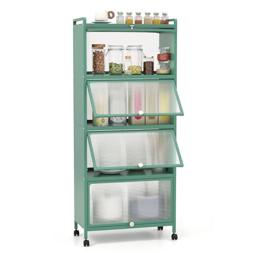 LOKO 5-Tier Kitchen Storage Cabinet,Freestanding Baker’s Rack with 4 Rolling Casters, Mobile Microwave Stand with Double Anti-toppling Device, for Dining Room, Living Room and Study (Green, 60.5" H)
