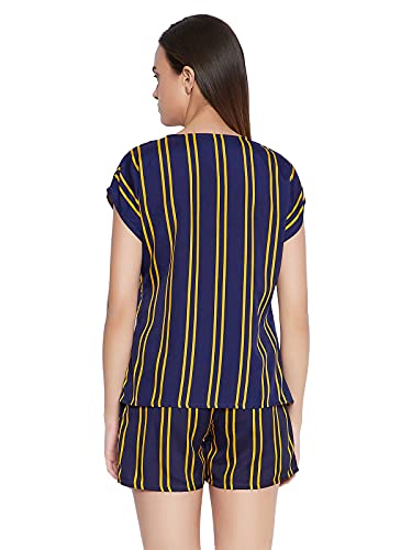 Image of Clovia Women's Crepe Sassy Stripe Top & Shorts Set - Navy Blue