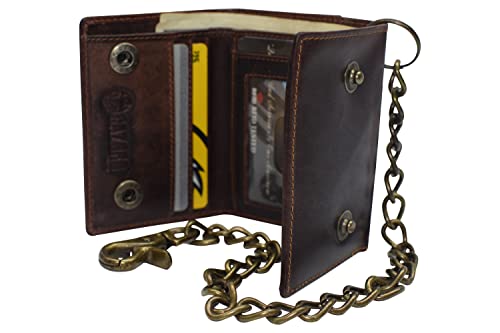 RFID Blocking Men's Tri-fold Vintage Biker Vintage Buffalo Leather Steel Chain Wallet Snap closure (Brown)4