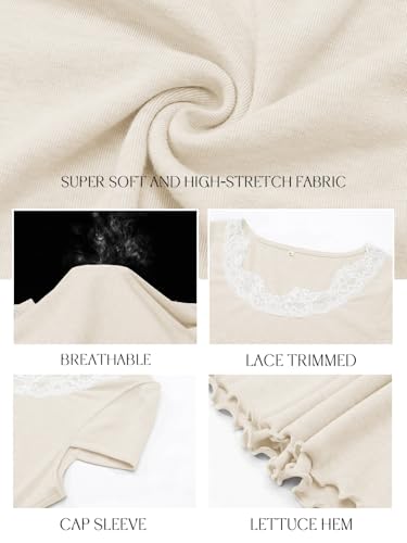 Image of Outfeel Women's Lace Trim Scoop Neck Cap Sleeve Cropped Tee, Soft Stretch Slim Fit Coquette Balletcore Summer Going Out Top