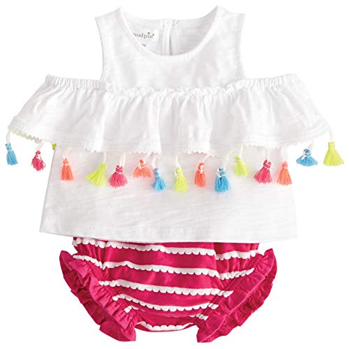 Mud Pie Baby Girls Tassel Pinafore Cold Shoulder 2 Pc Play Set & Bloomers, White, 3-6 Months
