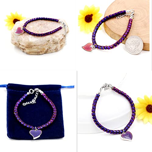 Image of A Pair of Gear-shape Hematite Bracelets with Color Changing Thermo Sensitive Mood Heart Charms, Couples Love Heart Bangles Gifts