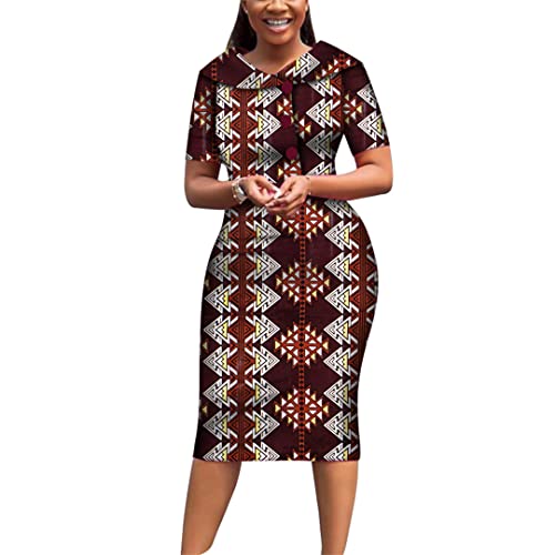 African Print Dresses for Women Short Sleeve Mid-Dress Dashiki Traditional Knee-Length African Dresses 6382 M3