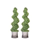 VIVATREES 3FT Artificial Spiral Boxwood Topiary Trees with Antique-White Roman-Style Planter - Outdoor&Indoor Year-Round Garden, Porch, Entryway Decor (2 Pack)
