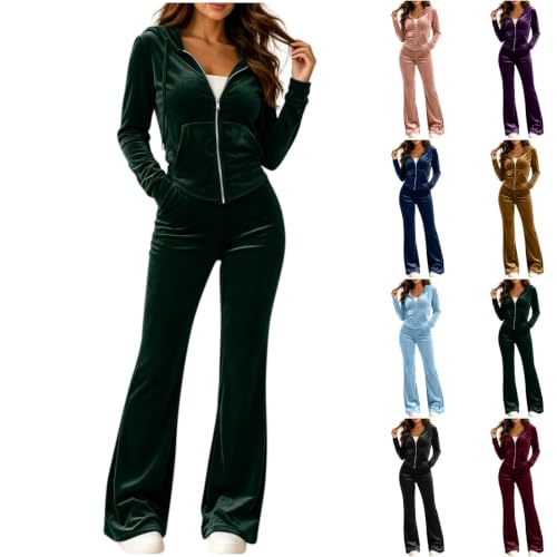 Velour Tracksuit Womens Zip Up Hoodies Flare Leg Pants Y2K Velour Sets - image 1