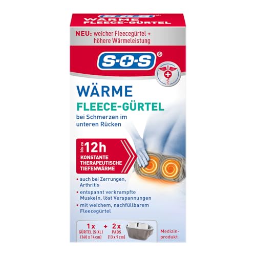 SOS Wärme Fleece-Gürtel (1x Gürtel + 2 Wärmepads) für Lenden- & Hüftbereich Lindert Schmerzen Verspannungen und Verkrampfungen Waschbar Bis zu 12 Stunden therapeutische Tiefenwärme