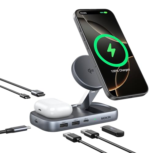 Image of MOKiN USB C Hub with 15W Qi2 Wireless Charger, Laptop Docking Station to 4K HDMI, 100W PD, 10Gbps Ports, 15W+5W Wireless Charging Stand for iPhone 16 /15 /14 /13 & Airpods, USBC Dock for MacBook /Windows